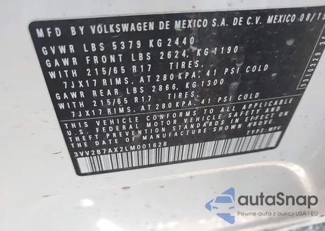 2020 Volkswagen Tiguan 2.0T Se/2.0T Se R-Line Black/2.0T Sel из США, поврежденный, VIN 3VV2B7AX2LM001628